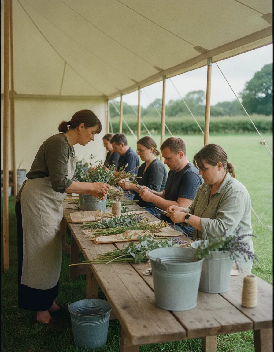 People at a long bench in an open-sided marquee, cutting and binding flowers