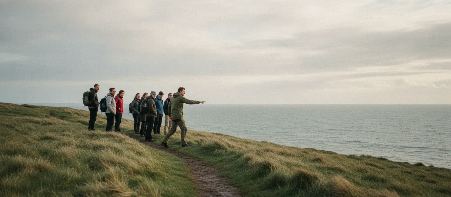 A guide leading a small walking group along a grassy clifftop path above the sea