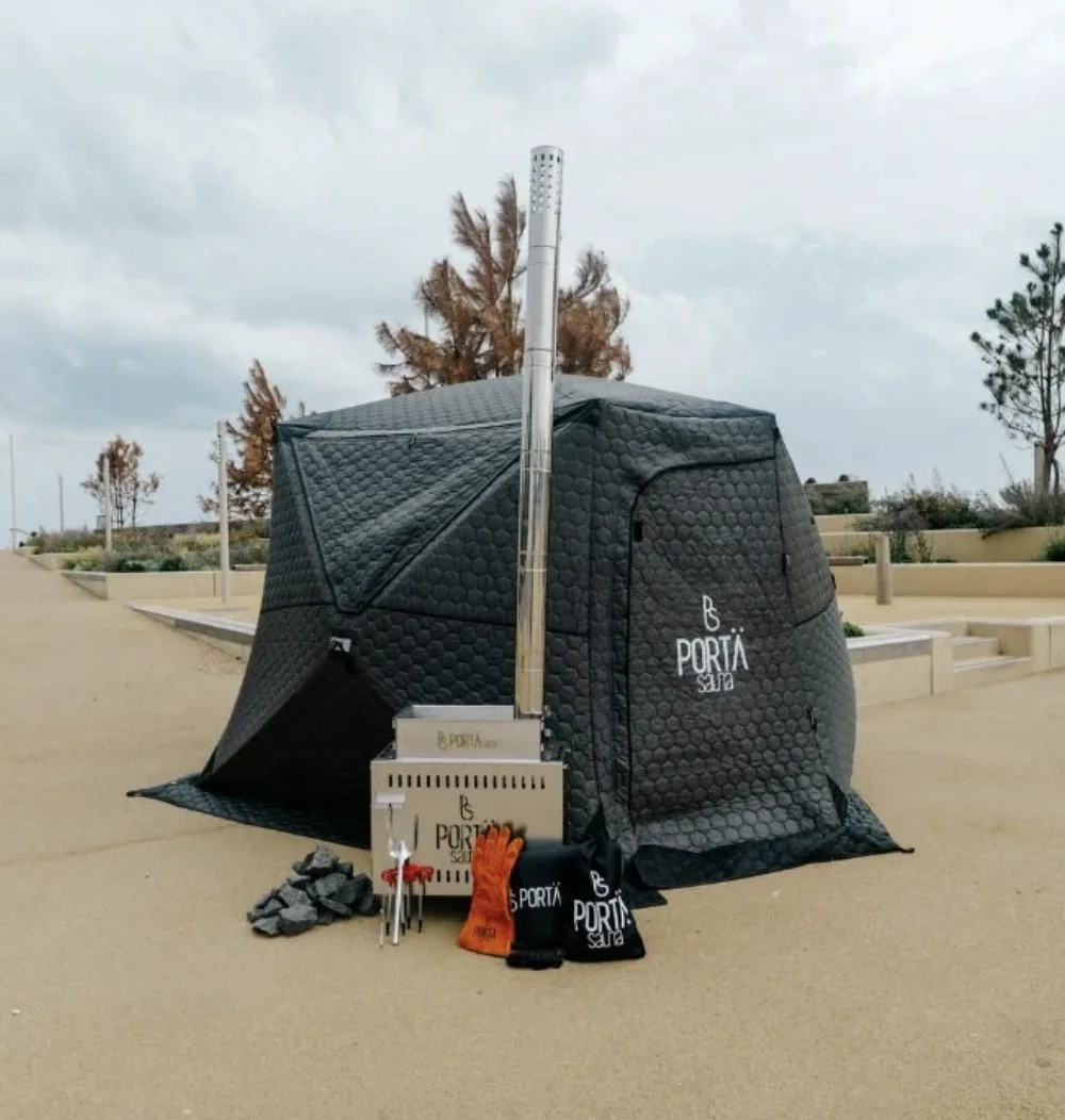 A mobile sauna set up on the beach