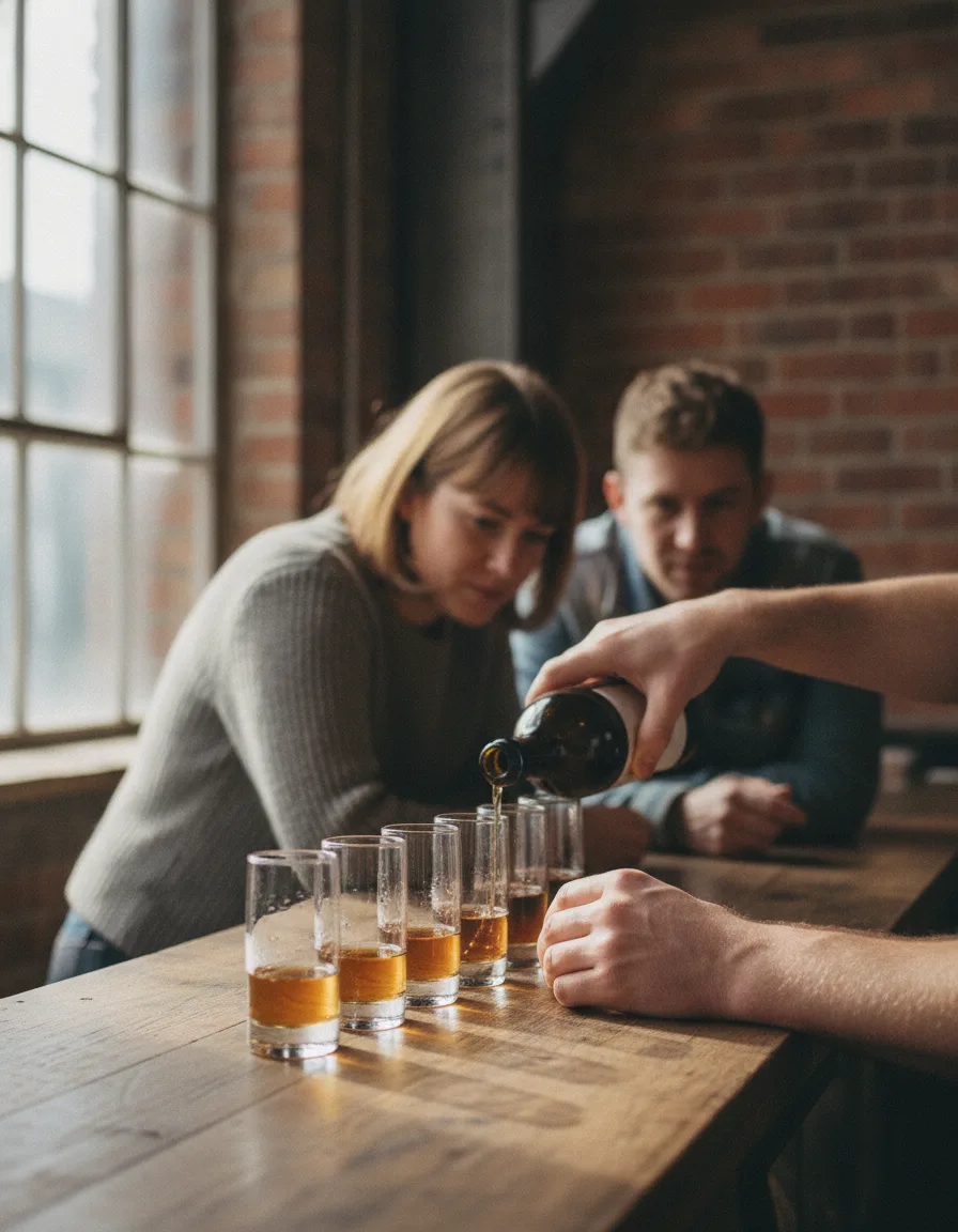 A row of small tasting glasses on a bar counter, the next one being poured